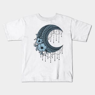 Black ink moon mandala on blue gradient Kids T-Shirt